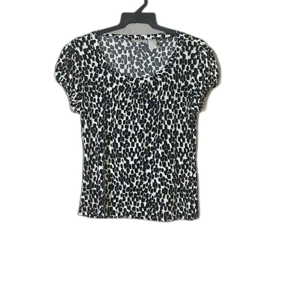 Worthington Petite Black White Animal Print Scoop Neck Short Sleeve Knit Top